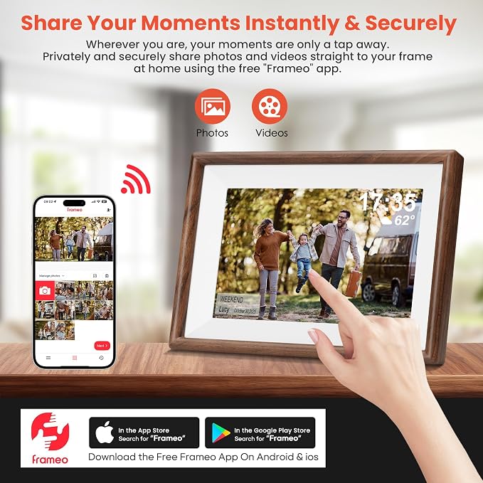 Frameo 10.1" Smart Digital Picture Frame with Walnut Moulding, 16:9 1280p HD IPS Touchscreen Display, 32GB Storage, MicroSD Slot, Plug-in Power, Easy Wireless Photo & Video Sharing, Idea