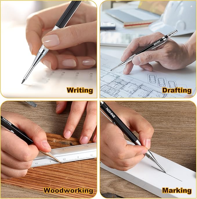 Enhon 2mm Carpenter Pencil Set with 12 Refills and Sharpener, Black | Woodworking Marking Tool Solid Deep Hole Construction Mechanical Pencil, Extended Needle-Nose Tip for Use in Jobs