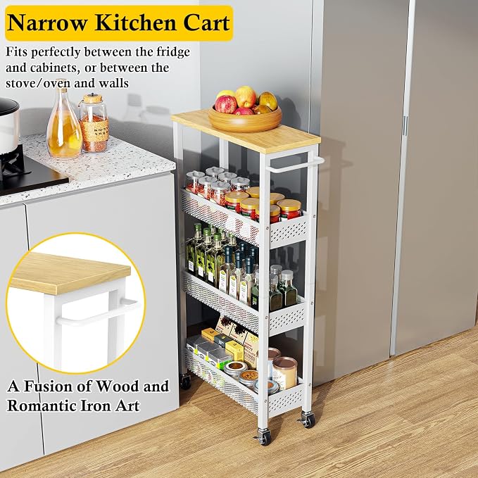 OKZEST Slim Laundry Room Organization Cart with Upgraded Metal Hub Casters | Fits between washer & dryer, 4-Tier space-saving narrow rolling cart, Premium wood top & metal mesh shelf, with handle & hook