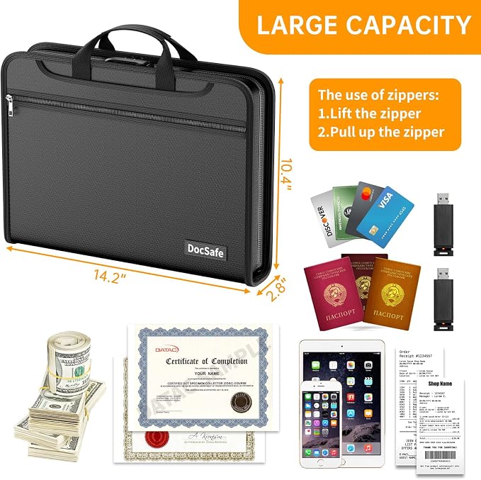DocSafe 5200°F Accordion File Organizer with Lock,Fireproof Water Resistant Expanding File Folder with Multi Pockets,Document Organizer Home Office Travel Safe Storage for Letter Size Files,Black