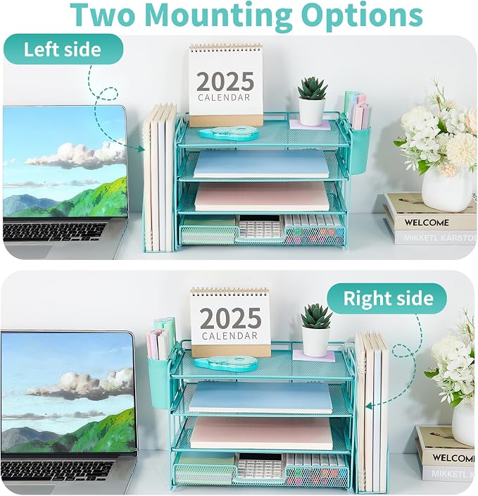 Desk Organizer, 4-Tier Desktop File Organizer with Drawer and Pen Holders, Office Desk Accessories, File Sorters, Workspace Organizers for Office Supplies(Teal Blue)