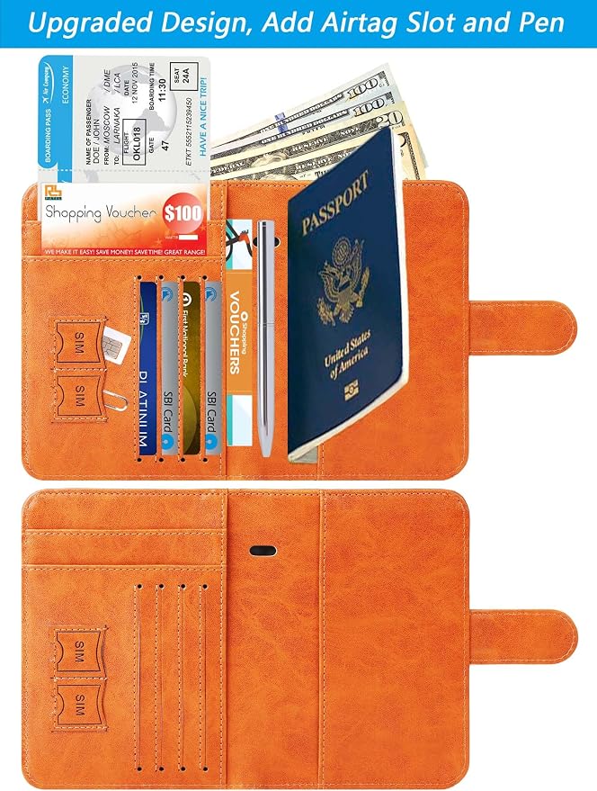 Airtag Passport Holder Cover Wallet RFID Blocking Leather Case Travel Essentials Luggage Accessories Travel Must Have(118#Claybank)