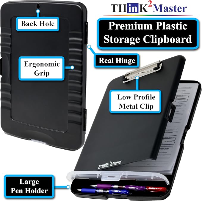 Think2Master Black Plastic Storage Clipboard with Pencil Holder. | 25% Heavier & 25% Sturdier| Heavy Duty. Must Have for Nurses, Teachers & Classrooms.