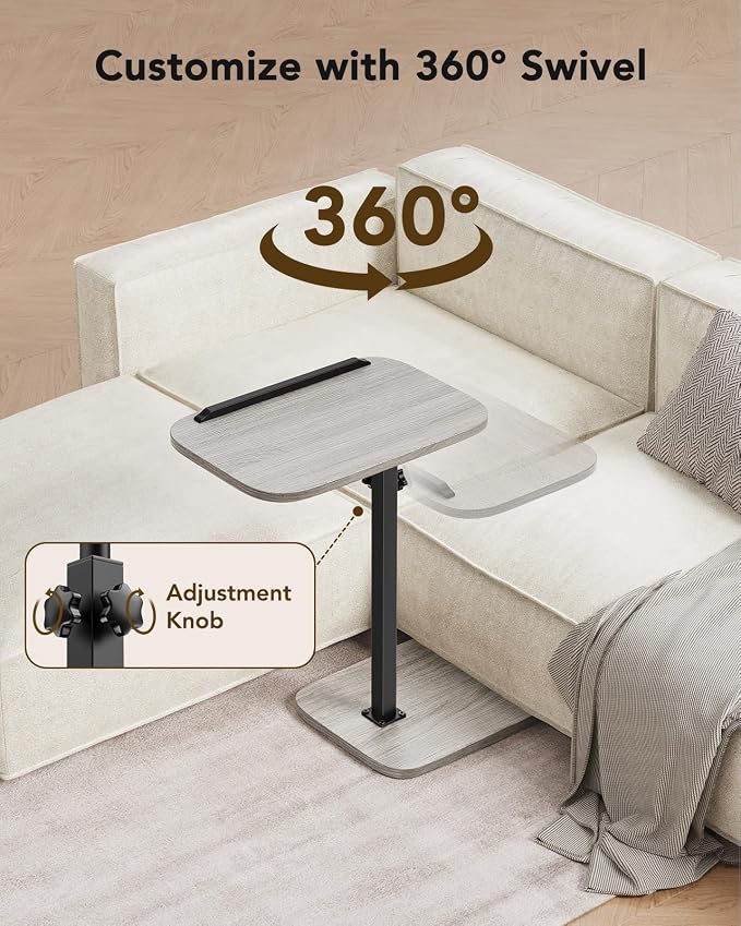 HUANUO TV Tray with Height Adjustment, 360° Swivel, 90° Tilt, Grey | 19"–31.5" Height Range, Dual Knobs & Crossbeam for Stability, Anti-slip Bar, Foldable, for Eating & Working Beside Sofa, Bed