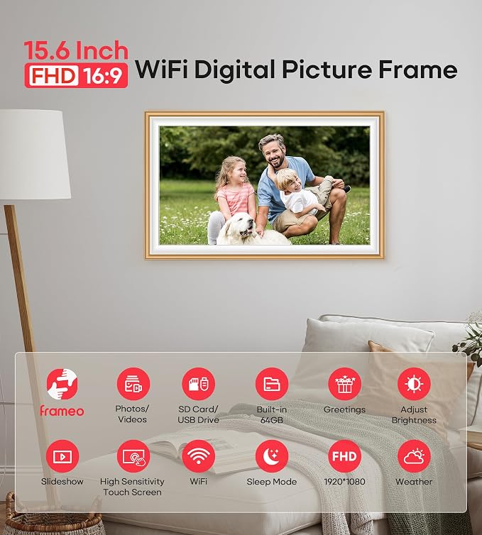 64GB Frameo 15.6" Digital Picture Frame Large 1920 x 1080 IPS FHD Touch Screen WiFi Electronic Photo Frames Share Moments Instantly Anywhere Best Gifts for Parents and Grandparents Golden White