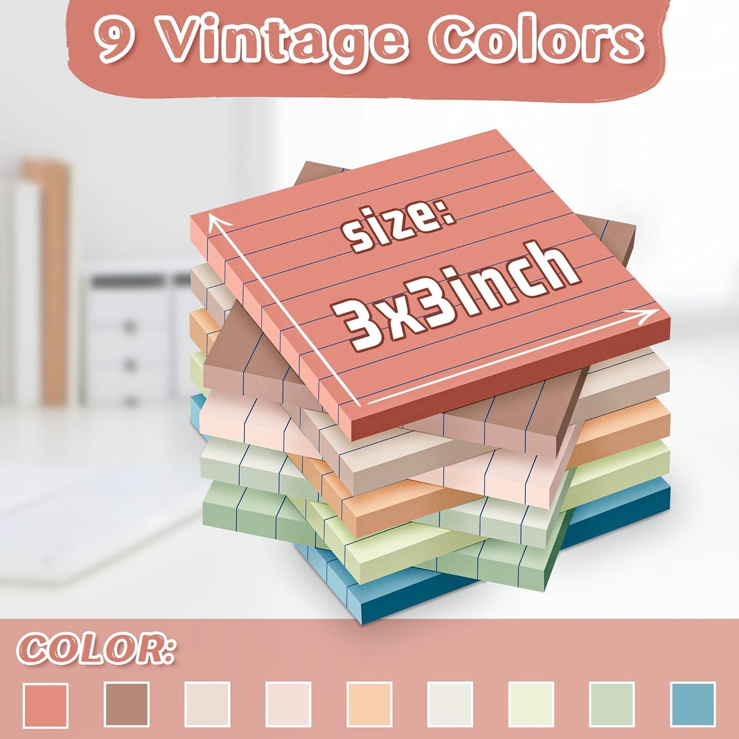 (18 Pack) Lined Sticky Notes 3x3 in Post, Vintage Colors, Sticky Pads, Strong Adhesive, Recyclable, Self-Stick Pads, Easy to Post for Home, Office, Notebook