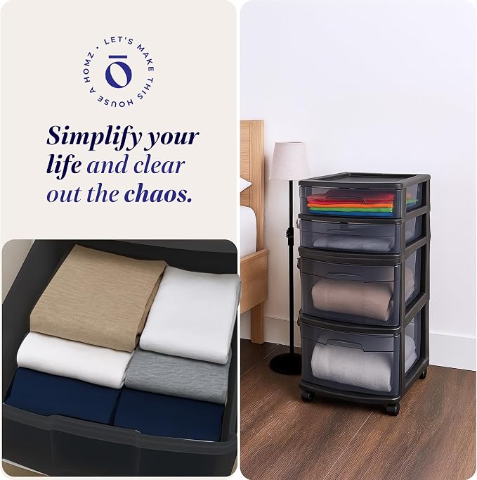 HOMZ Drawer Tower, 4-Tier Storage Cart with Removable Wheels, Black Frame | Plastic Organizer with Clear Bin Drawers for Bedroom, Bathroom, Home Office, and Dorm Rooms
