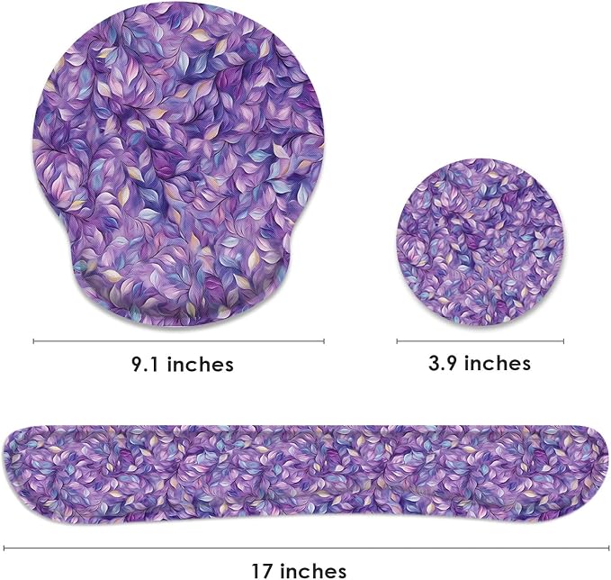 Ergonomic Mouse Pad Set with Wrist Rest, Purple Leaves | Oil Painting Non-Slip Rubber Base Wrist Cushion Support and Coasters Mousepad with Wrist Support for Computer Keyboard