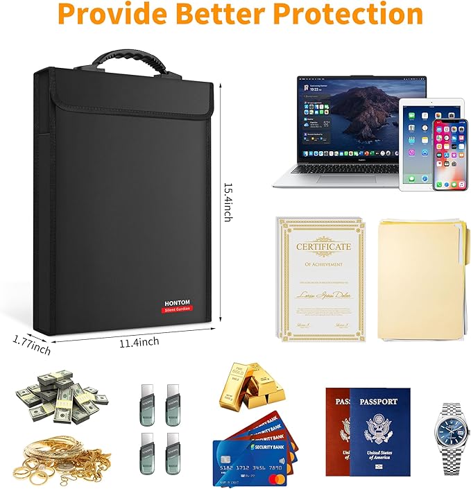 6400℉ Fireproof Document Bag with Lid, Two Storage Pockets Fireproof Bag | 15.4"x11.4"x1.77" Waterproof Money Bag for Files, 12 Layers Heat Insulated Safe for A4 Legal Letter Size Files and Valuables