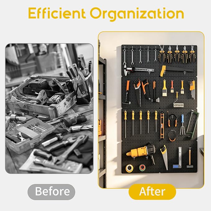 Peg board, Metal Pegboard for Tools, 8 Pack Black Wall Organizer with Hooks | 14.76"x10.82" steel panels with 36 hooks, 6 bins and peg locks for garage tools, kitchen, office and craft storage