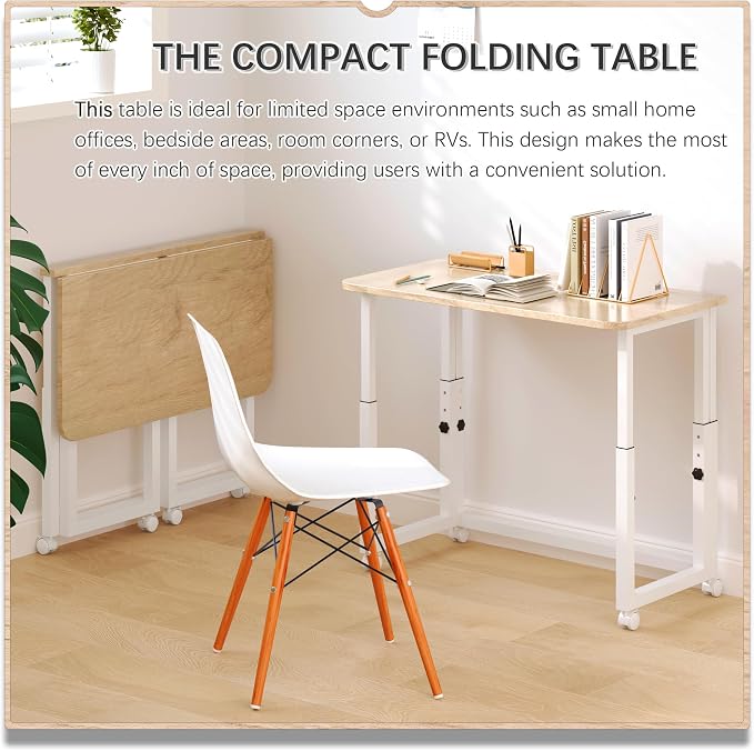 4NM No Tool Assembly 31.5" Small Desk, Folding Portable Desk with Wheels, Adjustable Height Foldable Computer Home Office Desks, Collapsible Study Writing Table for Space Saving Bedroom - Cloud Oak