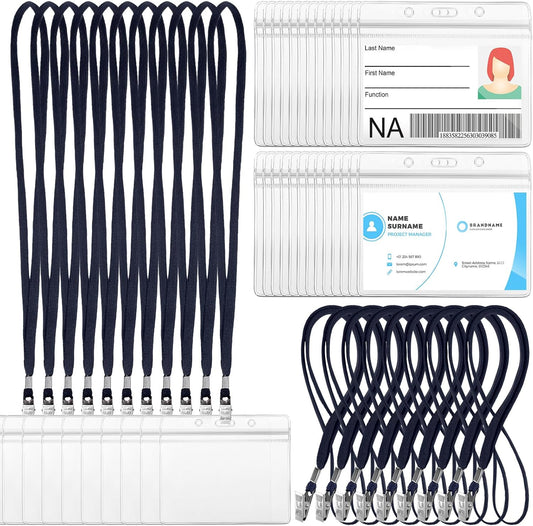 Marspark 50 Sets Clear Name Tags with Lanyard, Lanyards for ID Badges Reusable Strap with ID Holder Plastic Name Badges for Adults Business School Church Conference (Dark Blue)