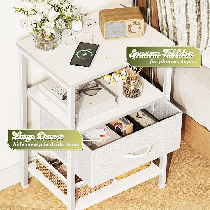 SUPERJARE Nightstand with Charging Station, Bed Side Table with Adjustable Fabric Drawer, Night Stand for Bedroom, 3-Tier Storage End Table, for Living Room, White | Night Stand for Bedroom, with Adjustable Fabric Drawer, 3-Tier Storage End Table, for ...