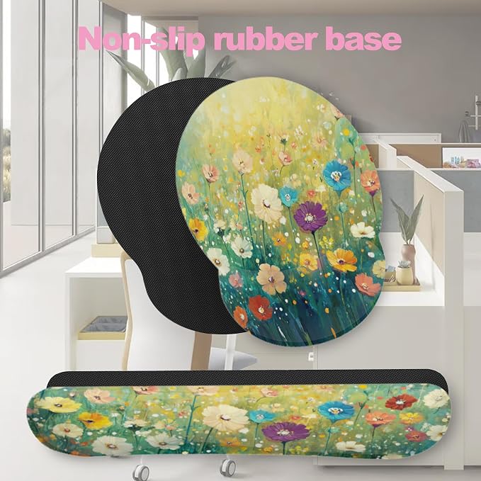 Flower Daisy Poppy Floral Keyboard Wrist Rest Pad Mouse Pad Set,Ergonomic Mousepad Wrist Support Memory Foam Desk Pad for Gaming Office,Non-Slip Rubber Base Easy Typing for Home Office Computers