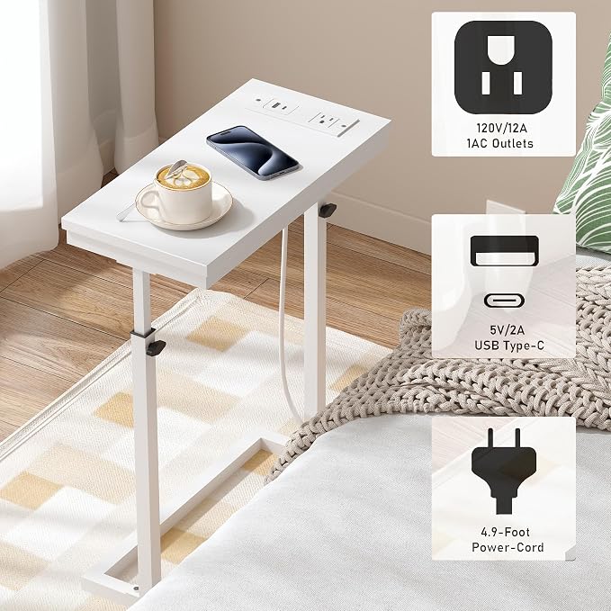 TUTOTAK End Table with Charging Station, Side Table, Tall Couch Table | Sofa Table, for living Room, Bedroom, White TB01BW084