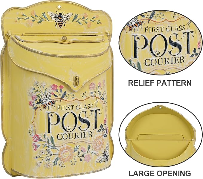 Wall Mount Mailbox for Outside Vintage Mail Boxes for House Outside Metal Door Mailbox Drop Box Antique Style Nostalgic Charm Home Decorative, Flower Pattern, Yellow