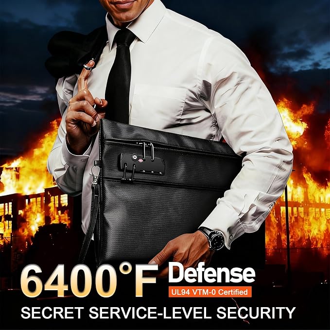 6400°F Fireproof Document Bag with Combination Lock - Heat Resistant Money Bag for Cash, Passports, Deeds, Phones, Waterproof Fire Proof Bag (Black)