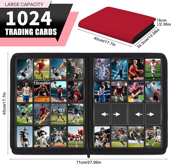 1000+ Pockets Trading Card Binder, 16 Pocket Zipper Binder Card Album, 32 Pack Double-sided Side Loading Non-Ring Card Binder, Card Holder Folders for MTG, TCG, Game Cards & Sports Cards, Red