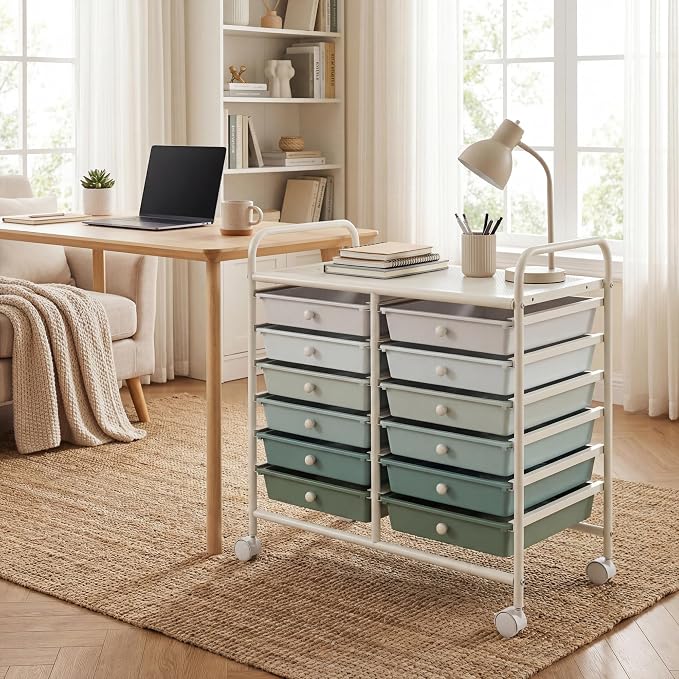 COSTWAY 12-Drawer Rolling Storage Cart, Utility Storage Organizer Cart | For Tools, Scrapbook, Paper, Craft, Multipurpose Art Supply on Wheels for Home Office School, Teacher, Green Gradient