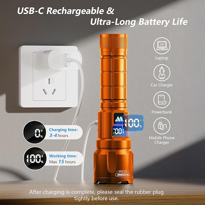 Wdtpro LED Rechargeable Flashlight 2 Pack, 3 Modes Super Bright High Lumens Flashlights, Zoomable Tactical Flash Light with LCD Display, IP65 Waterproof Flashlights for Home Emergency Camping - Orange