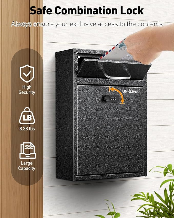 Uniclife Wall Mount Mailbox for Outside, Anti-Theft Heavy Duty Locking Mailbox, Large Mailbox with Combination Lock, Security Mail Box, Safe Key Drop Box, Post Box, Steel Cash Drop Box for Home, Black