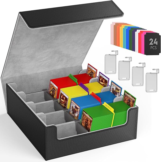 Trading Card Storage Box, 3200+ MTG Card Storage, 4 Row TCG Card Organizer Box with 24 Colorful Dividers and 4 Stands, Bulk PKM Storage, Deck Case Holder Fits for YuGiOh, Game Cards (Black & Gray)