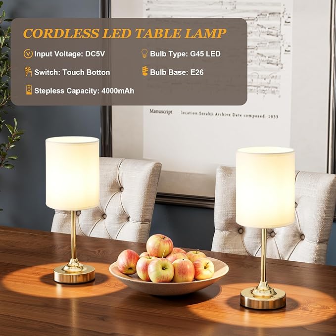 Rechargeable Table Lamp, Battery Operated, Touch Control, Brass, 1 Pack | 4000mAh Battery, USB-C Charging, 3000K Warm Light, Stepless Dimming, Brightness Memory, Up to 40 Hours, Small Table Lamp