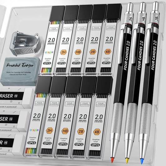 Four Candies 3PCS 2MM Mechanical Pencils with case, Artist Led Pencil Metal Lead Holder with 120 Graphite Lead Refills(HB 2H 2B 4B Color), 4 Erasers, Sharpener, Drafting Pencil for Drawing, Sketching