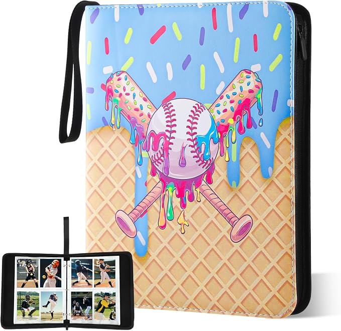 Ice Cream Drip Pattern Baseball Card Binder Waterproof Trading Card Binder Portable Collector Cardholder Album Case Gifts Baseball Cardholder for Boys Sports Game Supplies (440 Pocket,Blue)