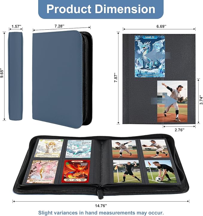 BYSTER 4 Pocket Card Binder, Premium PU Trading Card Binder with Zipper, 160 Capacity Side-Loading Binder for TCG, MTG, Sports Cards, Game Cards, Navy Blue