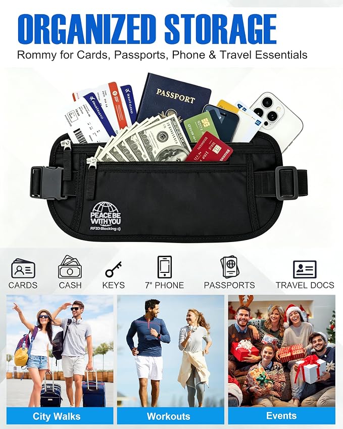 Money Belt for Travel, Passport Holder, RFID Blocking, Extender Strap | 3rd Gen Slim Waist Wallet Anti Theft to Protect Cash, Credit Cards and Document Under-Clothes for Men & Women, Black, Bamneat