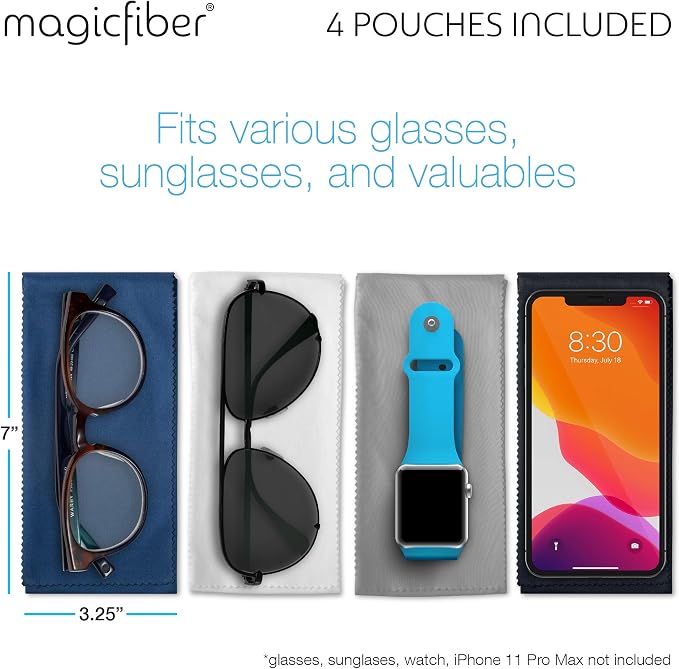 MagicFiber Ultra-Soft Microfiber Glasses & Sunglasses Pouch Case (4 Color Pack) Slim Eyeglass & Sunglass Sleeve with Built‑in Cleaning Cloth, Eye Glass & Sun Glass Wrap for Eyewear, Phone, Men, Women