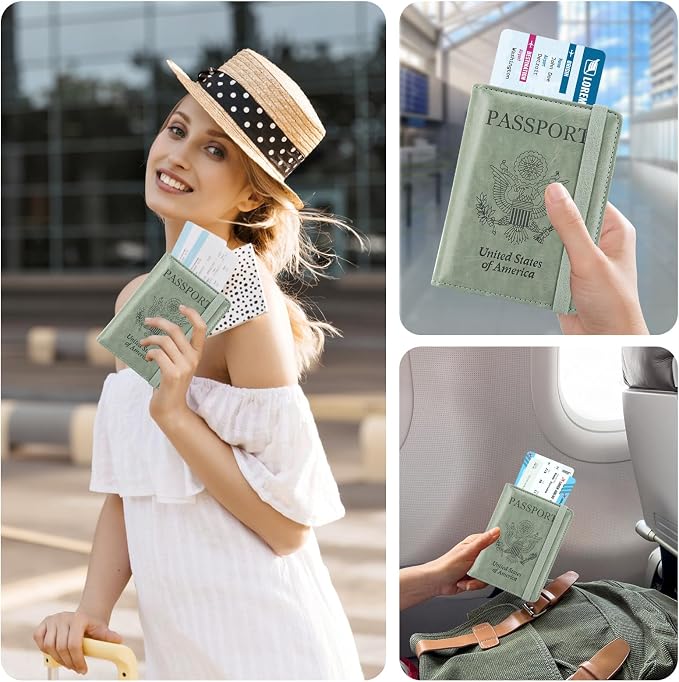 ACdream RFID BLOCKING Passport Holder Travel Wallet, Premium PU Leather Cover Passport Book with Card Holder, Pen Holder, Keep Organization, and Travel Essentials for Women/Men, Agave Green
