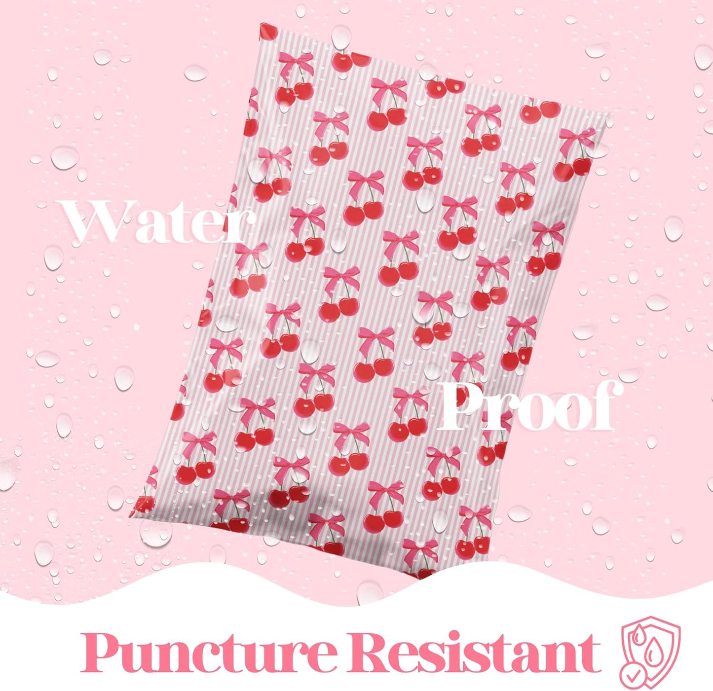 14.5x19 Designer Poly Mailer 100 Pack Heavy Duty Waterproof Self Seal Shipping Bags, Small Business Large Mailing Envelopes Bulk Tear Resistant Packaging Pink Stripe Cherry Fruit
