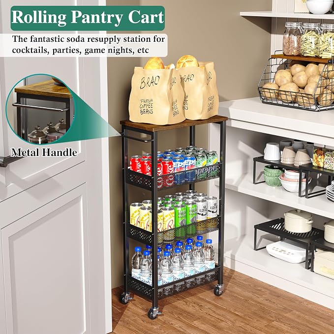 OKZEST 4-Tier Slim Rolling Storage Cart for Bathroom, Laundry Room, Kitchen | Upgraded metal hub casters, Narrow utility cart for small space/gaps, Premium wood top & metal mesh shelf, with handle & hook