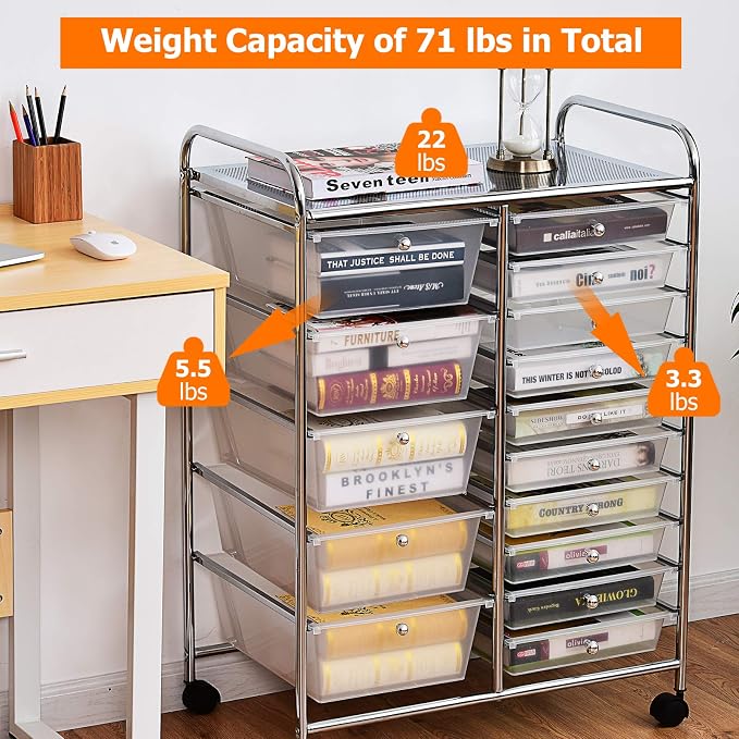 GLACER 15 Drawers Rolling Storage Cart, Steel Frame Craft Organizer Cart | Utility Cart w/Lockable Wheels & Sleek Handle, Mobile Art & Tool Supply Trolley for Teacher, Home, School, Office (Clear)
