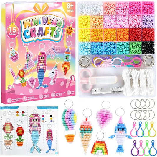 Funtopia Pony Beads Kit for Keychain Making, mini Pony Bead Pets for Kids Beginners，Includes Instructions for 15 Cute Designs and Storage Box, Kids Craft Kit for Rainy Day Group and Family Activities