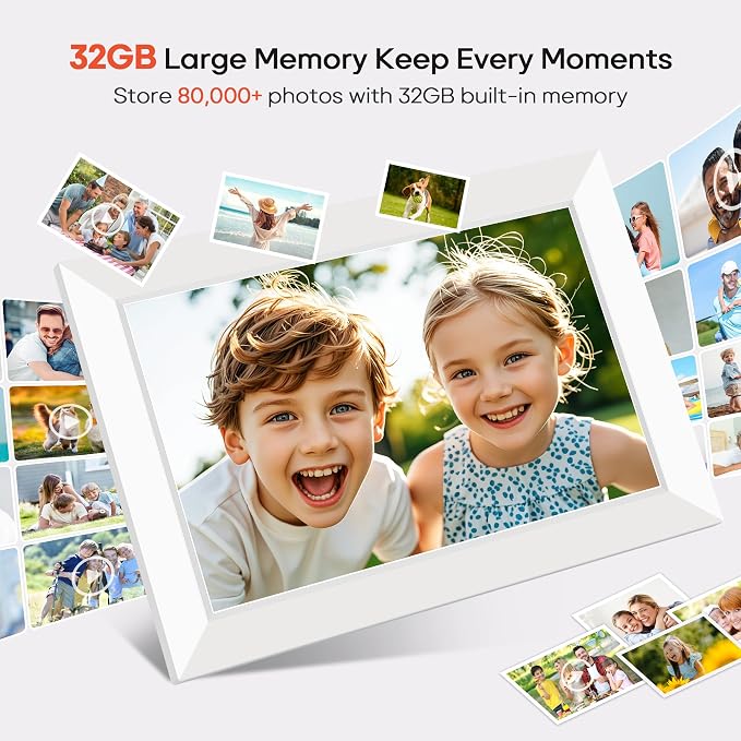 Miroir 10.1 Inch WiFi Digital Photo Frame via Frameo App, 1280x800 HD IPS Touch Screen Electric Picture Frame Display, 32GB Storage, Auto-Rotate, Wall Mountable, Share Photos/Videos Instantly