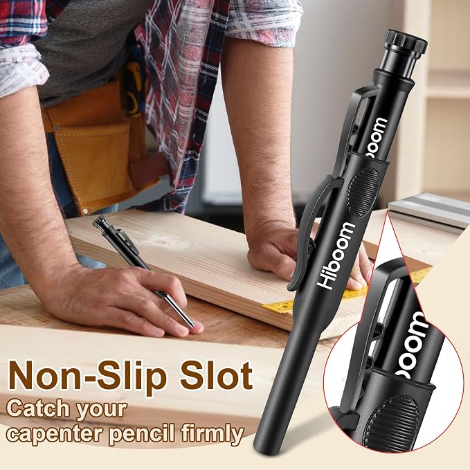 Hiboom 2 Pack Carpenter Pencils with Pencil Cap and 18 Refills, Black | Mechanical Pencil, Deep Hole Marking, Built-In Sharpener, Long Nose Tip, Pocket Clip, Marks Many Surfaces, Woodworking Use