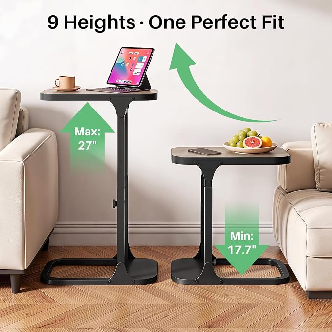 Kitstorack Height Adjustable End Table 2 Pack, Small Side Table for Couch, Sofa Table with Metal Frame for Living Room, Bedroom, Bedside C Shaped Table,Greige