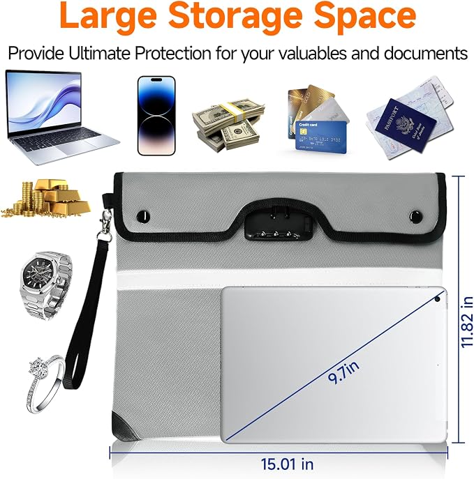 Upgraded 6500°F Fireproof Document Bag with Lock, Waterproof 9-Layer Heat Insulated | Dual-Liner Card Slot Money Bag with Zipper/Reflective Strip for Passport, Important Paper, Cash(15 x 12In)