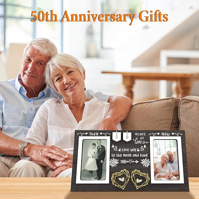 Black Then & Now Anniversary Picture Frame, 50th Wedding Gifts for Parents, Couple, 1-99 Years Wedding Picture Frame for 2 4x6 Photos, 50 Year Anniversary Decorations, Engagement, Birthday Gift