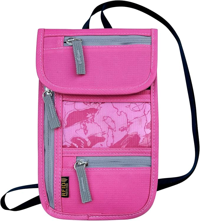 Travel Neck Wallet, RFID Blocking Passport Holder with Adjustable Neck Strap for Men and Women to Keep Cash, Credit Cards and Travel Documents Safe - Rose