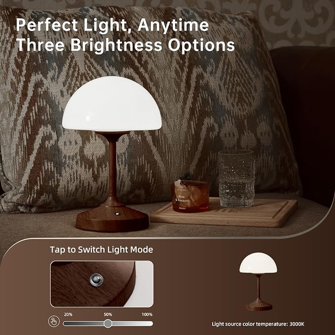 Mushroom Lamp Cordless Lamp Table Lamp,Outdoor Waterproof Shower Lamps,5000mAh Rechargeble Battery Operated Dimmable Touch Desk Lamps,LED Night Light for Bathroom Patio Camping Outdoor/Walnut