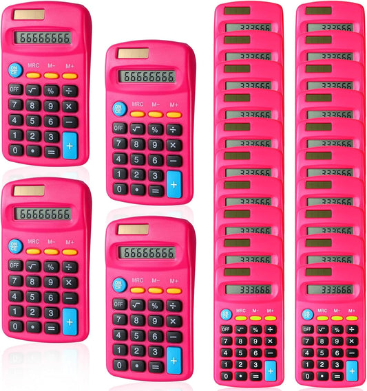24 Pieces Basic Calculators for Students Small Pocket Size 8 Digit Display Mini Calculators Dual Powered Handheld for School Desktop Home(Rose Red)