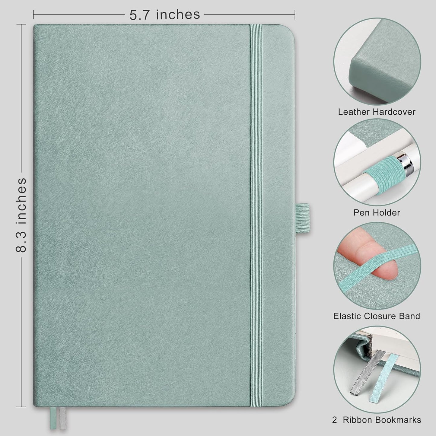 RETTACY Graph Grid Paper Notebook, 192 Pages, A5 Medium Size (5.7'' x 8.3''), 5 Squares per Inch, Leather Hardcover, 100 GSM Thick Paper, for School, Students, Math, Engineering (Blue-gray)