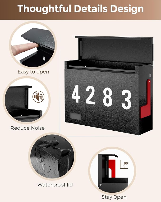 Modern Mailboxes for Outside, Metal Wall Mount Mailbox, with One Flag Kit and Three Sets of Mailbox Number Stickers, 3.9" D×14.2" W×10.2" H, Rust Resistant Coating Mail Boxes for House, Black AMB07B