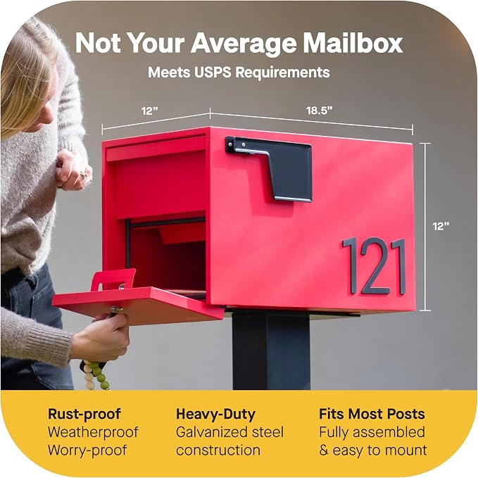 Adoorn Lockable Post Mount Mailboxes for Outside - Small Anti-Theft Locking Mailbox for Packages and Letters - Weatherproof Construction - Durable Steel - 12" H x 12" W x 18.5" D - Yellow