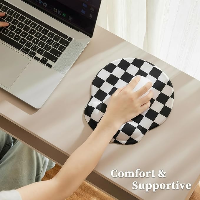Ohocut Black White Checkered Mouse Pad with Gel Wrist Rest, Wrist Support, Ergonomic Desk Accessories for Women, Office Laptop Gaming Decor, Cute Aesthetic Check Design