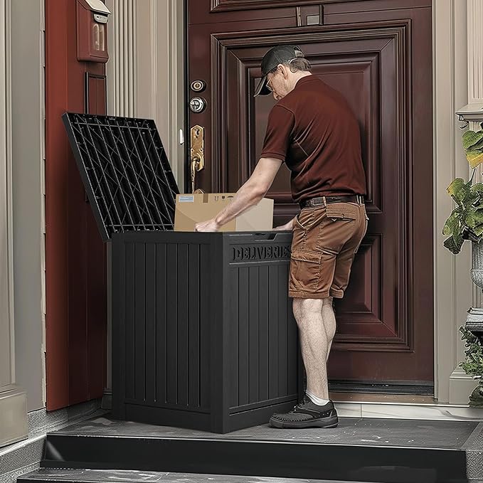 YITAHOME 51 Gallon Resin Package Delivery Box for Outside, Storage Box with Lockable Secure, Resin Deck Box for Porch, Curbside（Black）
